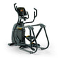 Black and gray elliptical trainer with digital display console, dual handlebars, and pedals on white background