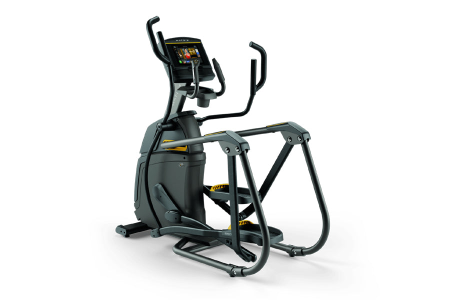 Black and gray elliptical trainer with digital display console, dual handlebars, and pedals on white background