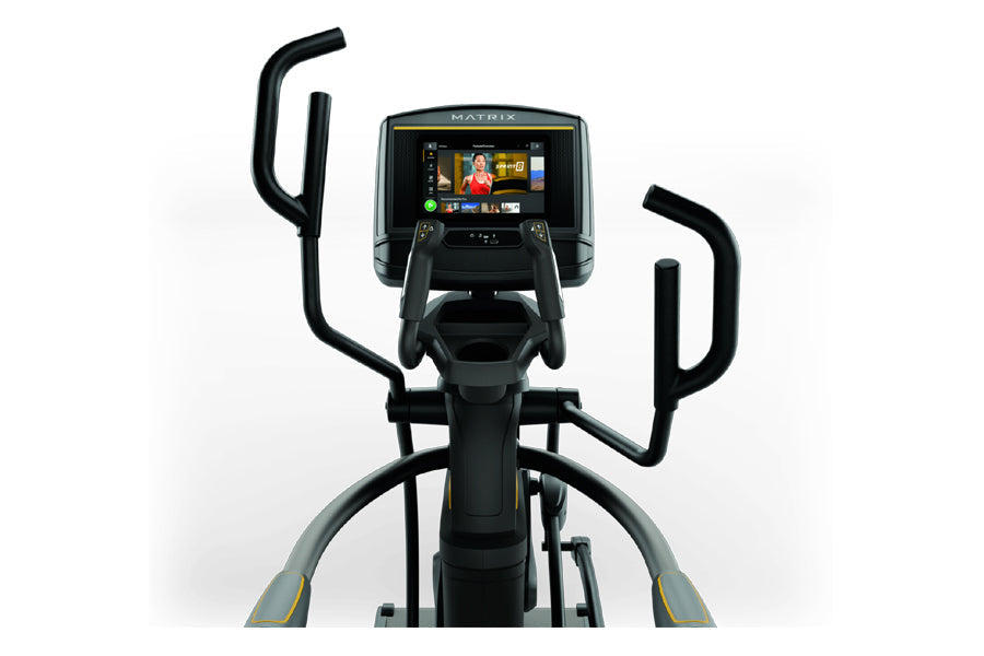 Matrix A50 elliptical trainer with black frame, dual handles, and touchscreen display showing workout interface on white back