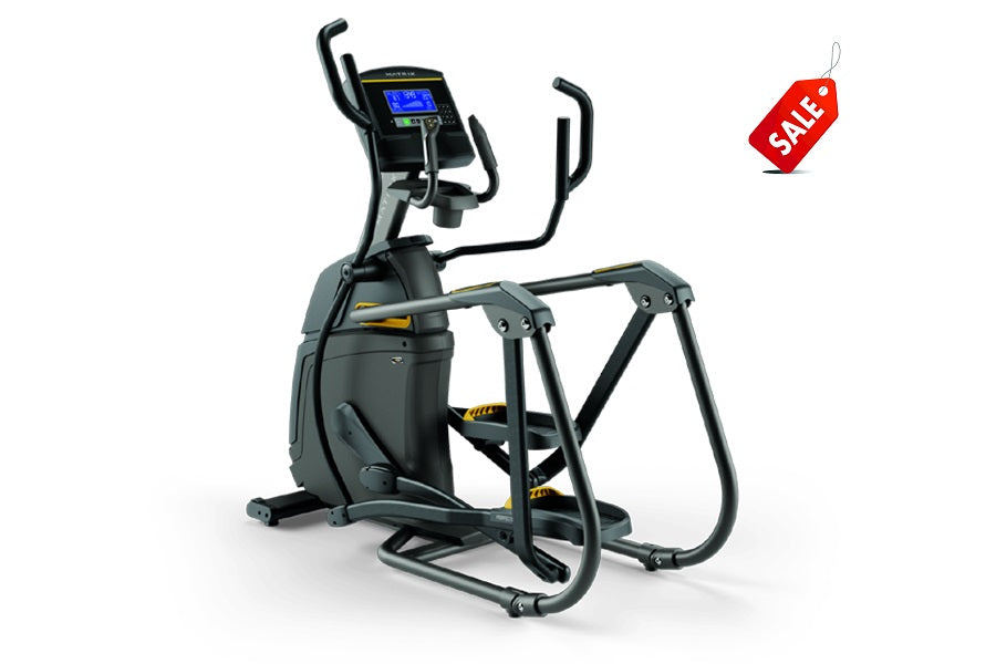 Black and gray elliptical trainer with digital display console and yellow accents, standing on white background with sale tag