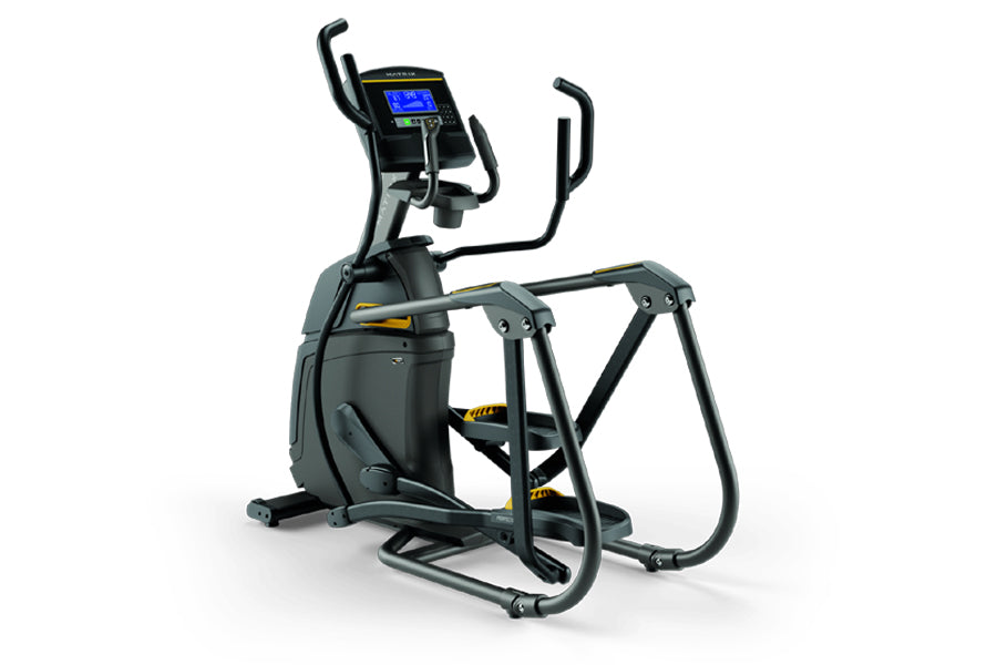 Black and gray elliptical trainer with blue digital display, dual handles, and yellow accent details on white background