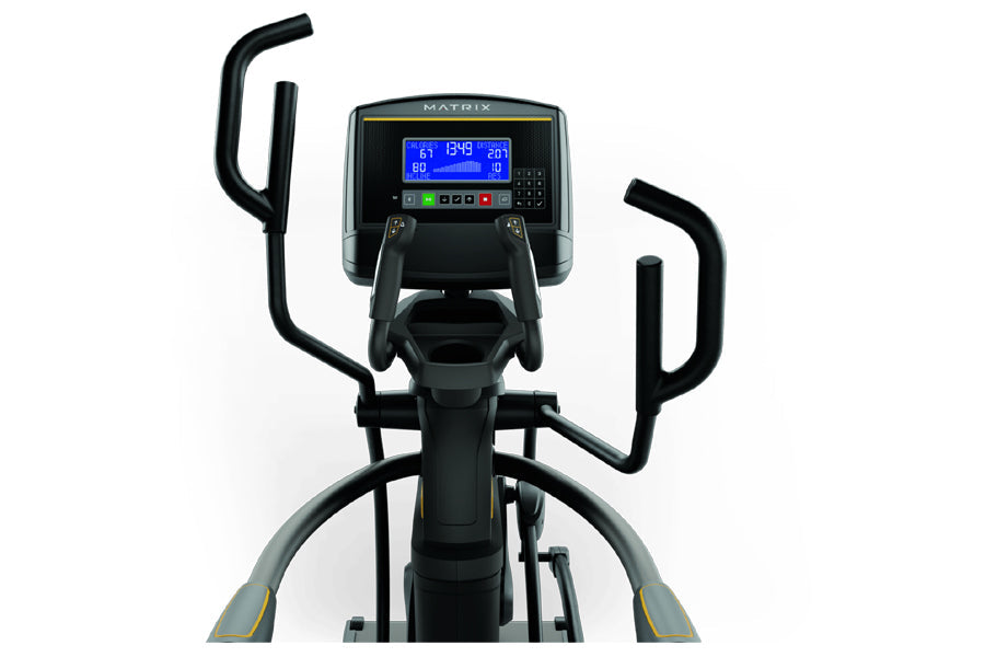Matrix A50 Elliptical Ascent Trainer with blue digital display, black frame, and dual handles on white background