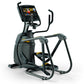 Black and gray elliptical trainer with yellow accents, digital display console, and curved handlebar grips on white backgroun