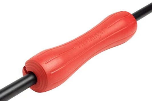 Red foam bar pad with black shaft, textured grip surface on white background
