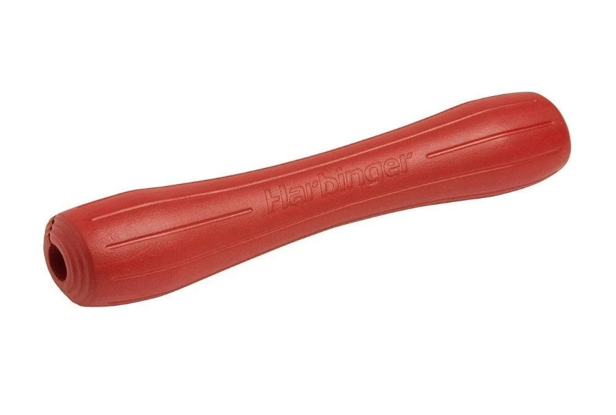 Red foam barbell pad with ergonomic grip, designed to cushion Olympic bars during squats and bench press exercises