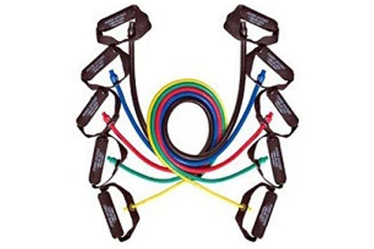 Warrior Exercise and Resistance Tubing set with multicolor bands and brown handle loops on white background