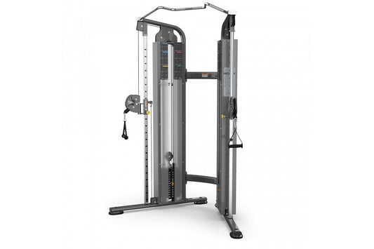 TRUE FS-100 Functional Trainer with dual adjustable weight stacks, cable pulleys, and black handles on white background