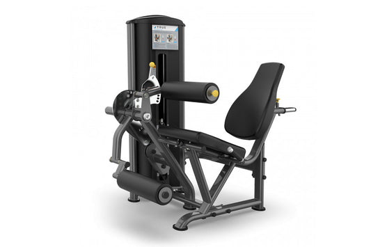 Black commercial leg extension and leg curl machine with digital display panel, adjustable black padded seat and backrest, on