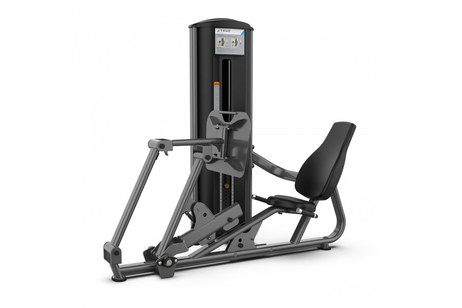 TRUE FS-51 leg and calf press machine with black upholstered seat, gray metal frame, and digital control panel on white backg