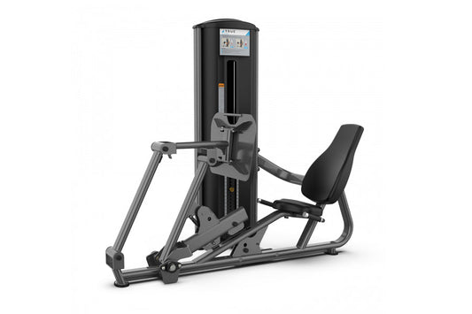 TRUE FS-51 leg and calf press machine with black upholstered seat, gray metal frame, and digital control panel on white backg