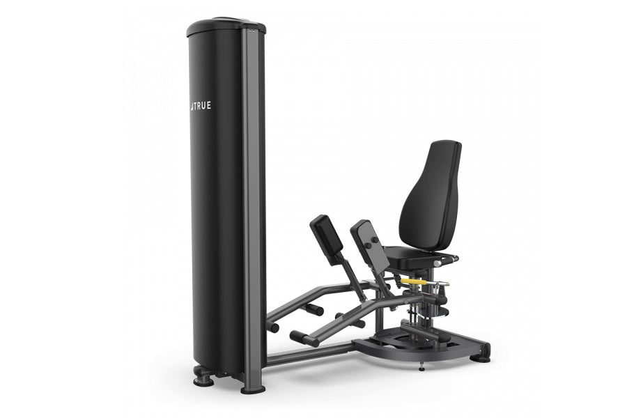 True FS-52 inner and outer thigh exercise machine with black padded seat and leg press arms on white background