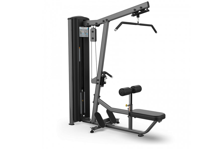 TRUE FS-53 lat pulldown and seated row machine with gray steel frame and black upholstery on white background