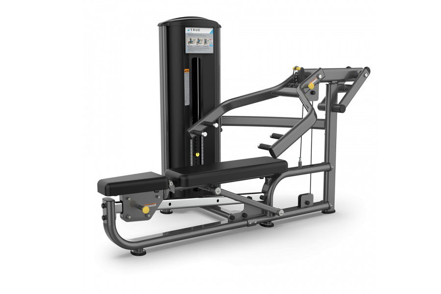 Black TRUE FS-54 leg press machine with digital display, padded seat, and metal frame on white background