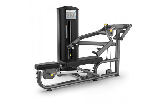 Black TRUE FS-54 leg press machine with digital display, padded seat, and metal frame on white background