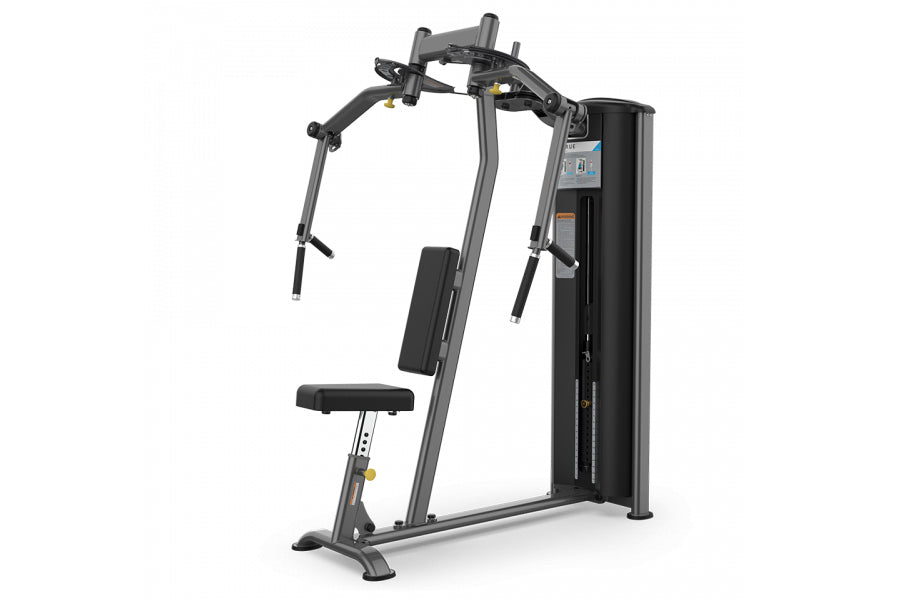Gray and black pec fly machine with seat, dual handles, and digital display on white background