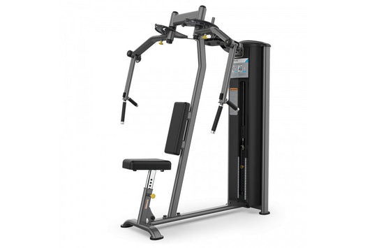 Gray and black pec fly machine with seat, dual handles, and digital display on white background