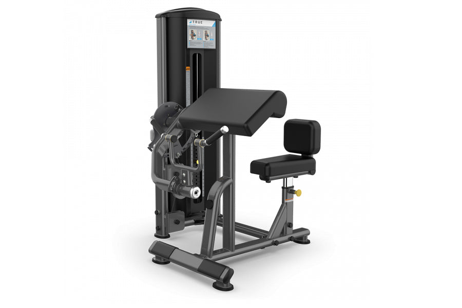 TRUE FS-56 Biceps/Triceps leg extension machine with black cushioned seat and arm pad on white background