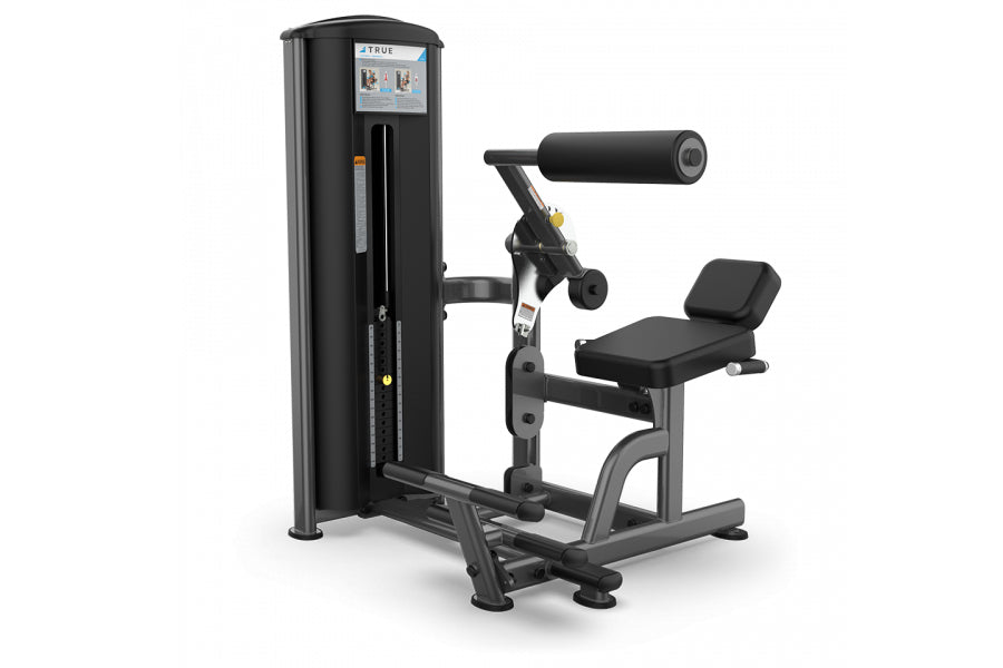 TRUE FS-57 low back and abdominal exercise machine with black padding, adjustable seat, and digital display on white backgrou