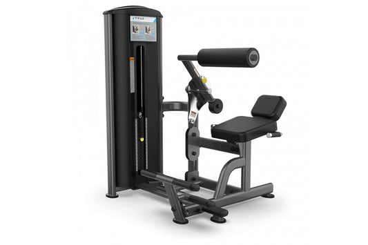 TRUE FS-57 low back and abdominal exercise machine with black padding, adjustable seat, and digital display on white backgrou