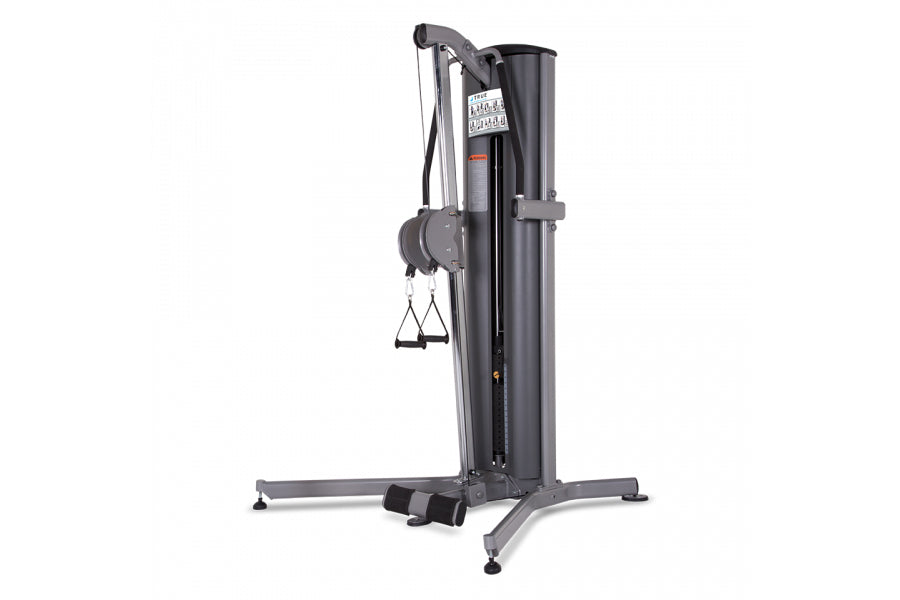 TRUE FS-70 Functional Trainer, gray and black cable machine with dual pulleys and handles on white background