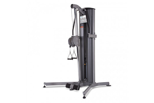 TRUE FS-70 Functional Trainer, gray and black cable machine with dual pulleys and handles on white background