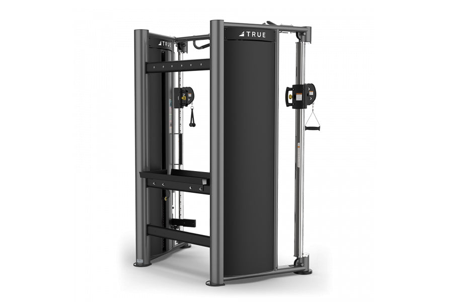 TRUE FT-900 Functional Trainer with dual cable stations, black frame, and adjustable pulleys on white background