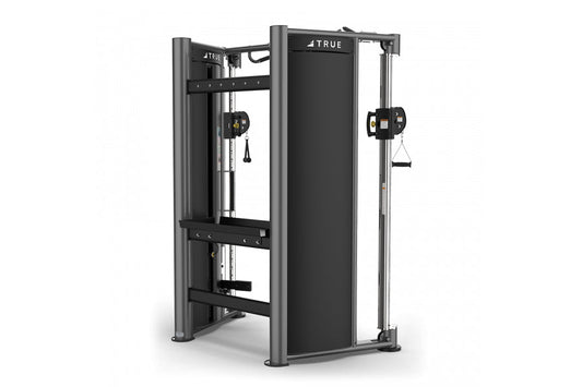 TRUE FT-900 Functional Trainer with dual cable stations, black frame, and adjustable pulleys on white background