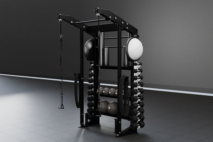 Black modular power rack with integrated dumbbell storage, pull-up bar, and adjustable lighting on gray background