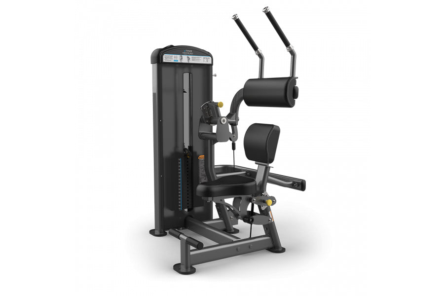 Black abdominal exercise machine with padded seat, dual handles, and weight stack on white background