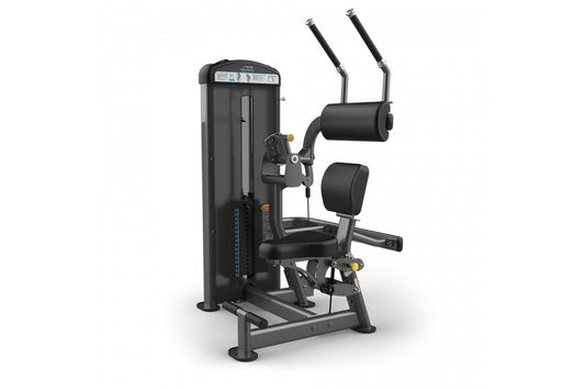 Black abdominal exercise machine with padded seat, dual handles, and weight stack on white background