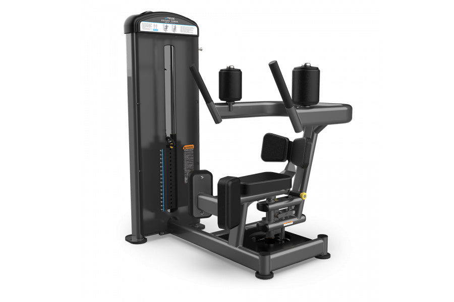 Black rotary torso exercise machine with digital display, padded seat and back support, adjustable arm handles with weight st