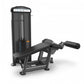 Black leg curl exercise machine with padded seat and footrest, featuring tall vertical weight stack and control panel on whit