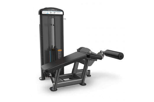 Black leg curl exercise machine with padded seat and footrest, featuring tall vertical weight stack and control panel on whit