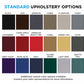 Standard upholstery color options for furniture including black, java, graphite, suede, alabaster, cadet, cranberry, candy ap