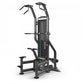 Black weight-assisted chin dip machine with dual handles, foot platform, and weight stack on white background