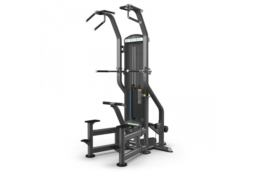 Black weight-assisted chin dip machine with dual handles, foot platform, and weight stack on white background