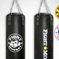 Black cylindrical heavy punching bag with silver chain hanging straps, white Fight Monkey logo and text, shown front and side