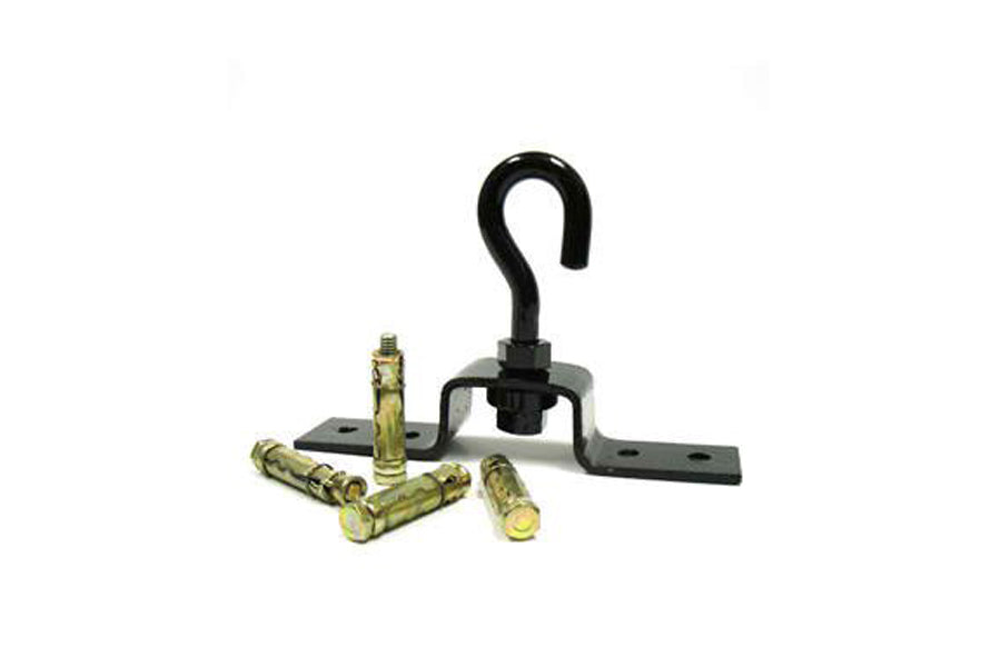 Black heavy bag ceiling attachment with curved hook and mounting hardware, includes brass anchor bolts and black mounting pla