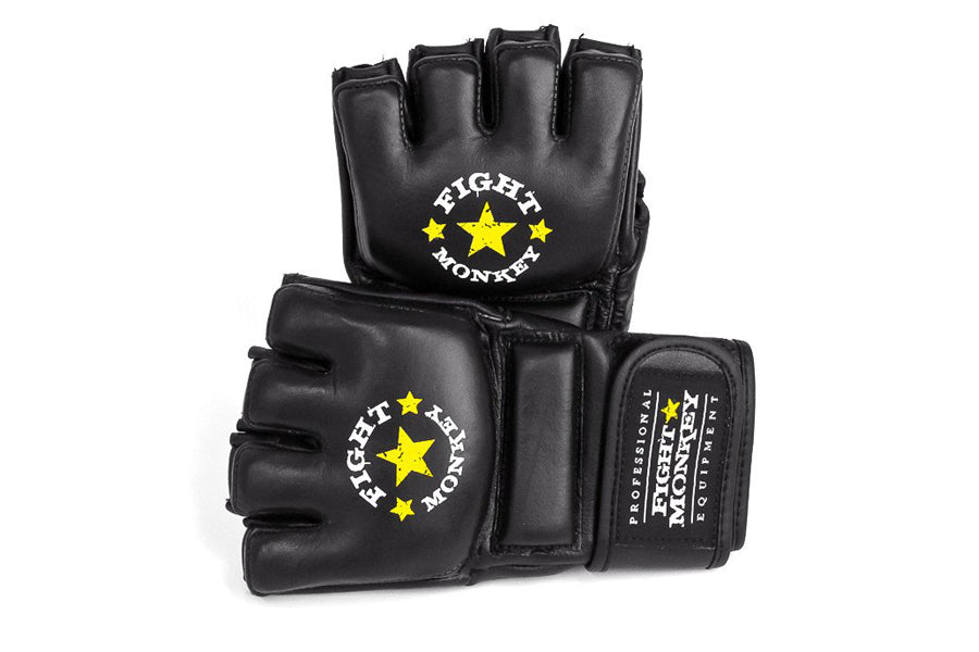Black leather MMA gloves with yellow star logo and "Fight Monkey" text, fingerless design with padded knuckle protection, sho