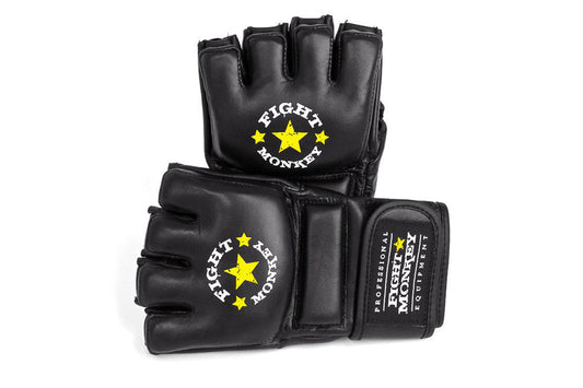 Black leather MMA gloves with yellow star logo and "Fight Monkey" text, fingerless design with padded knuckle protection, sho