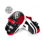 Pair of black, white, and red leather focus mitts with padded red mesh palm, displayed on white background