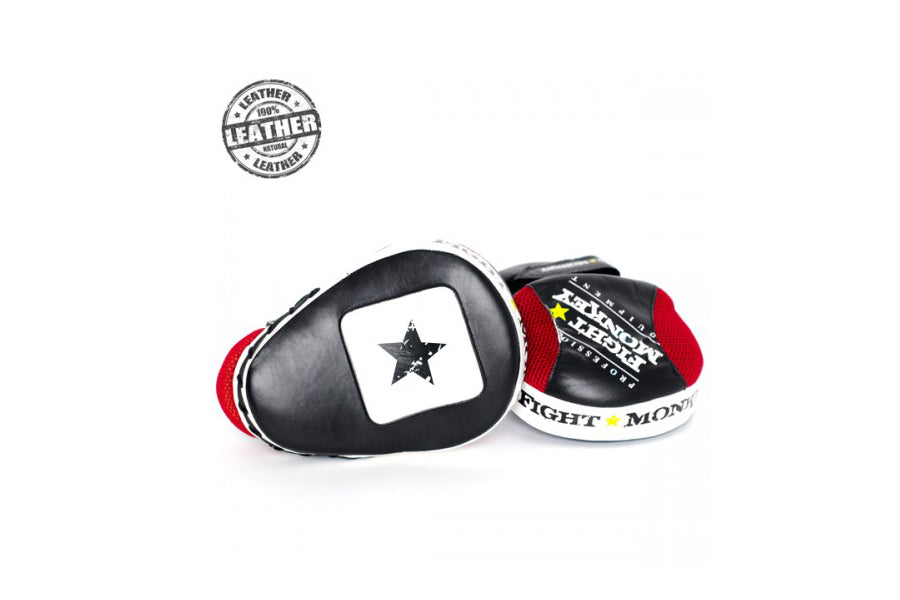 Fight Monkey professional series leather focus mitts in black, red, and white with star design, on white background
