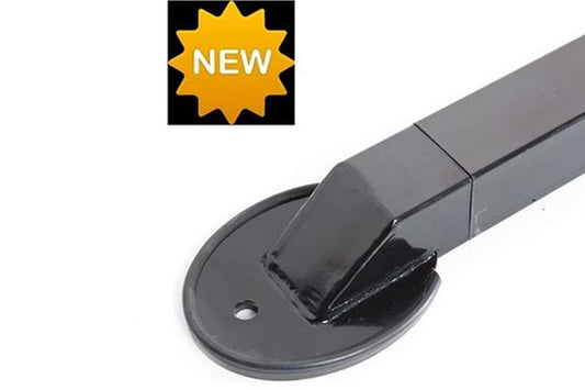 Black metal footplate with mounting base and rectangular lever arm, set of 3, on white background