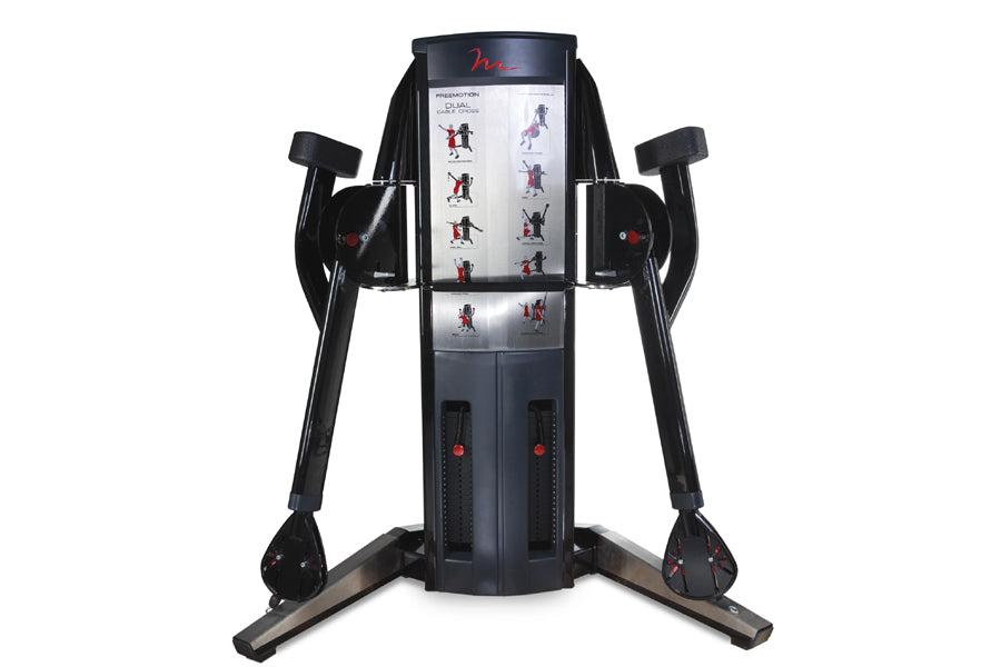 Black dual cable crossover machine with exercise instruction chart, adjustable arms, and red accent buttons on white backgrou