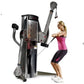 Freemotion Genesis G624 dual cable cross machine with woman demonstrating chest fly exercise in pink tank top and black leggi