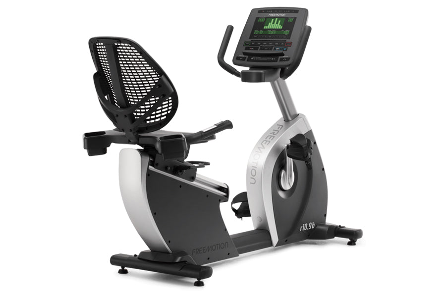 Freemotion r10.9b recumbent exercise bike with black mesh seat, white and gray frame, digital display console, and foot pedal