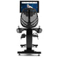 Black recumbent exercise bike with tablet holder displaying fitness content, viewed from front on white background