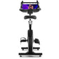 Black upright exercise bike with padded seat, handlebars, and adjustable smartphone holder displaying workout app on white ba