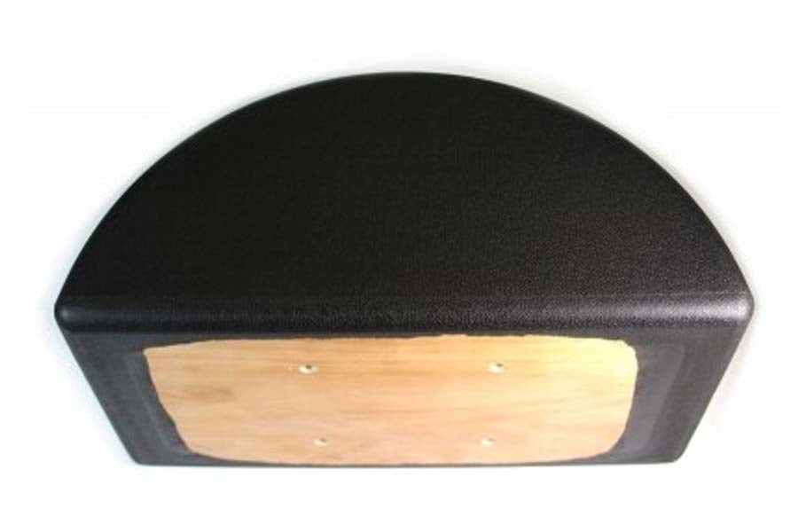 Black molded polyurethane pad with natural wood insert and bolt holes, front view on white background