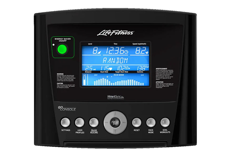 Life Fitness T5 treadmill console with blue digital display showing workout metrics, black frame, and silver control buttons 
